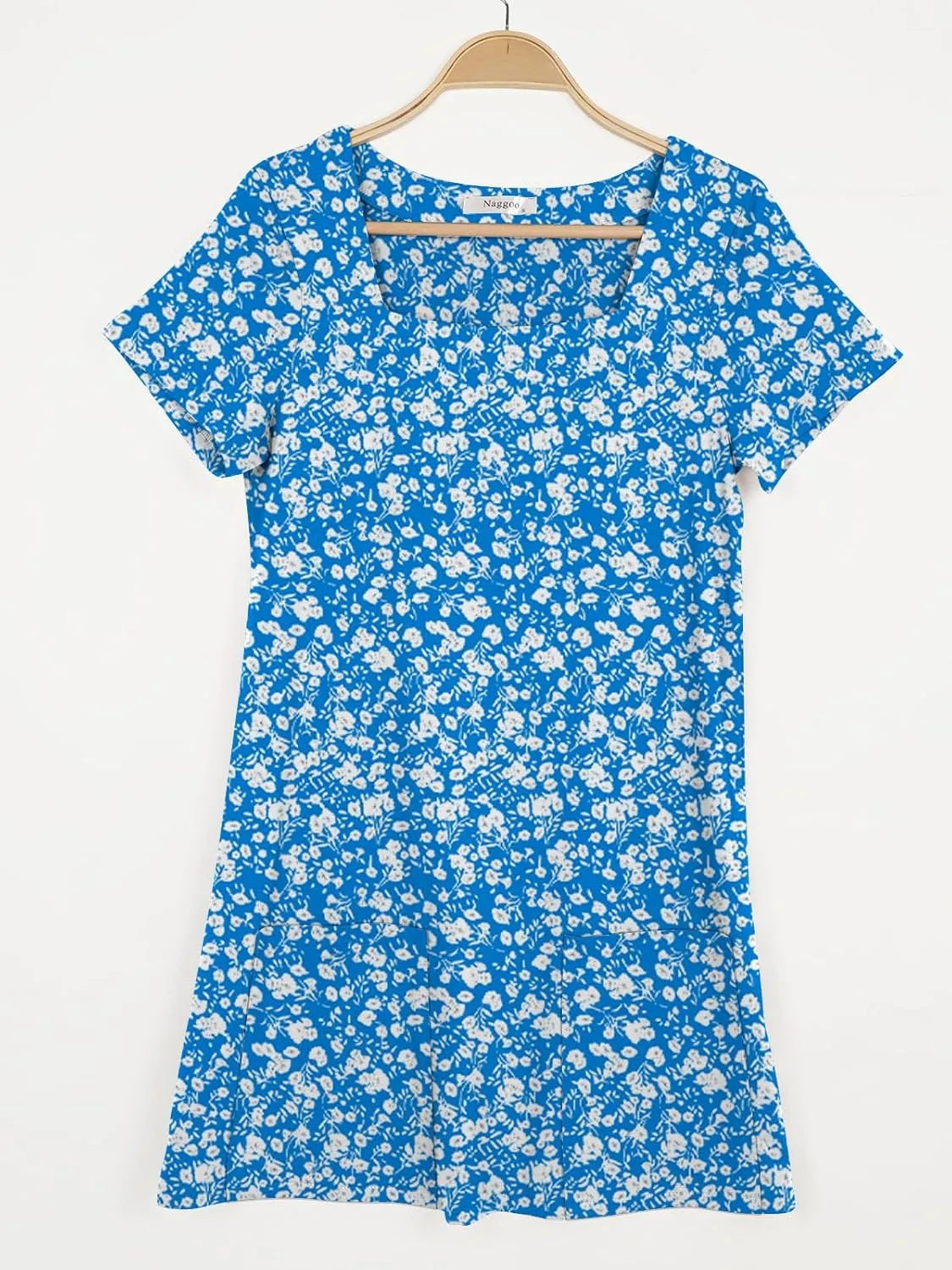Naggoo Women Summer Sundresses Short Sleeve Square Neck Shift Tshirt Mini Dress with Pockets
