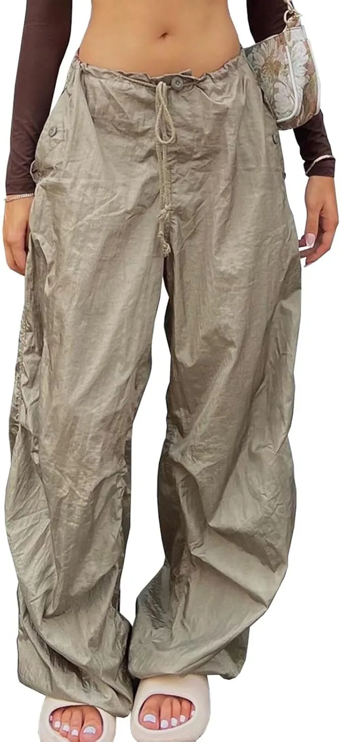 Neyaolk Parachute Pants for Women, Drawstring Elastic Low Waist Y2k Cargo Pants Women Baggy with Pockets