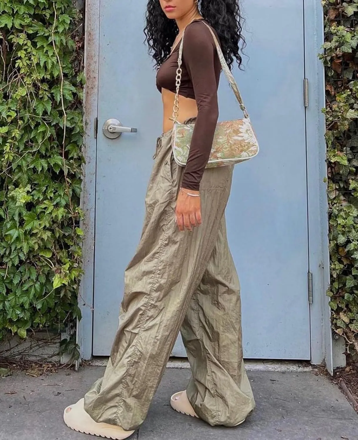 Neyaolk Parachute Pants for Women, Drawstring Elastic Low Waist Y2k Cargo Pants Women Baggy with Pockets