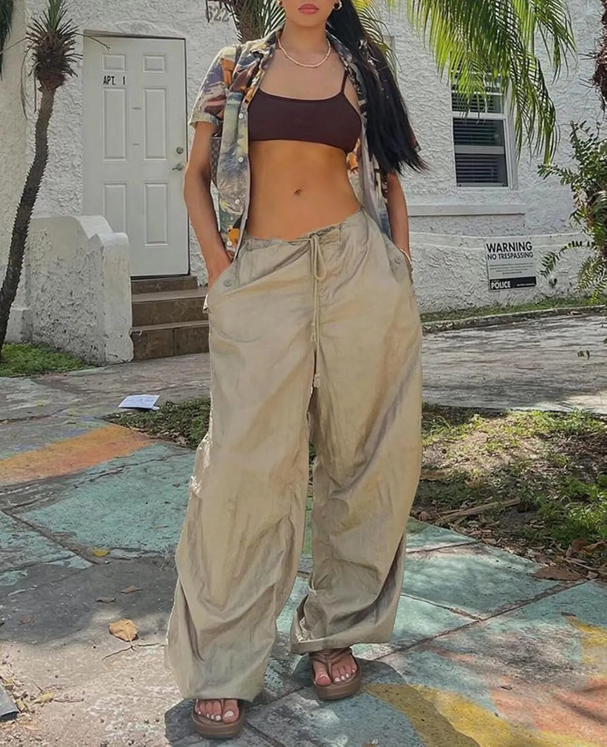 Neyaolk Parachute Pants for Women, Drawstring Elastic Low Waist Y2k Cargo Pants Women Baggy with Pockets