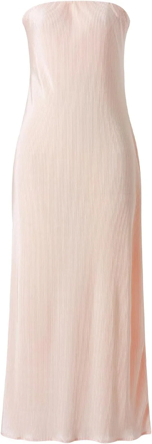 NUFIWI Women Y2k Pleated Maxi Dress Off Shoulder Backless Cutout Long Dress Plisse Strapless Bodycon Party Evening Dress