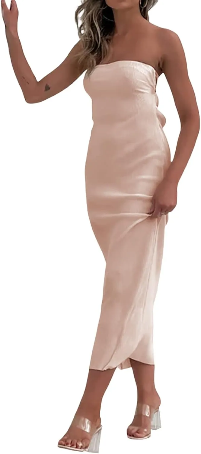 NUFIWI Women Y2k Pleated Maxi Dress Off Shoulder Backless Cutout Long Dress Plisse Strapless Bodycon Party Evening Dress