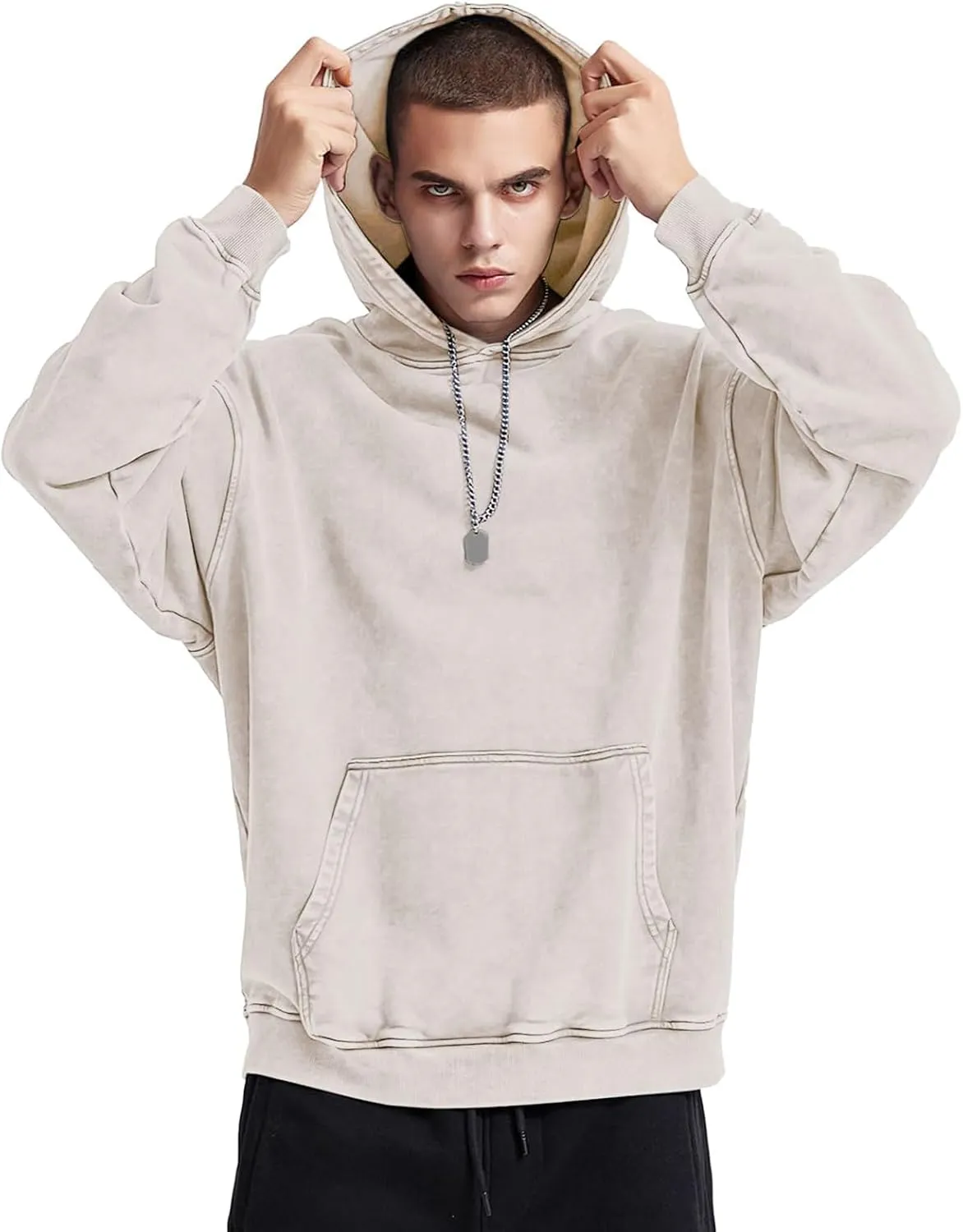 Oversized Acid Wash Vintage Hoodie Men Cotton Heavyweight Baggy Trendy Streetwear Hooded Sweatshirt Basic Pullover