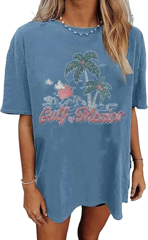 Oversized Graphic Tees for Women Summer Beach Vacation Shirts Coconut Tree Casual Loose T-Shirt Tops