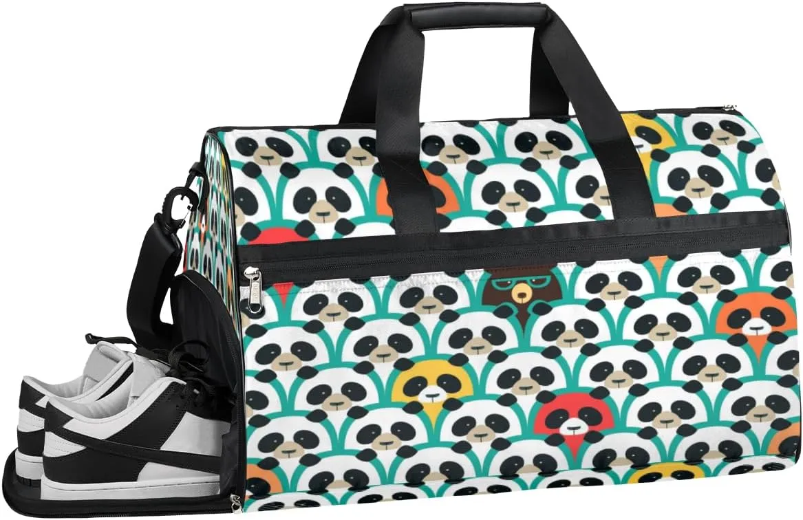 Panda Cartoon Sports Gym Bag with Wet Pocket & Shoes Compartment Waterproof Workout Duffel Bag for Women and Men Weekender Overnight Duffle Bag Travel Carry-on Tote