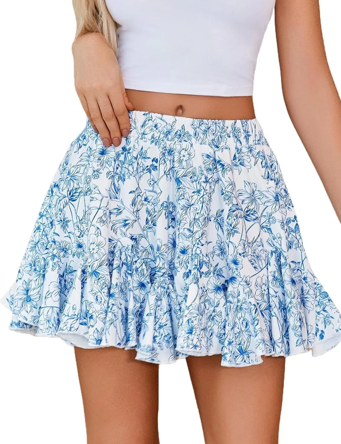 Perbai Womens Summer Boho Ruffle Mini Skirt High Waisted Pleated A Line Flowy Butterfly Shorts Skirts