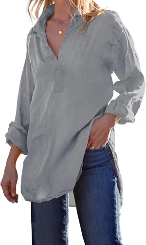 Pretifeel Womens Cotton Linen Tunic Shirts Button Down Long Sleeve Blouse Tops Beach Cover Up