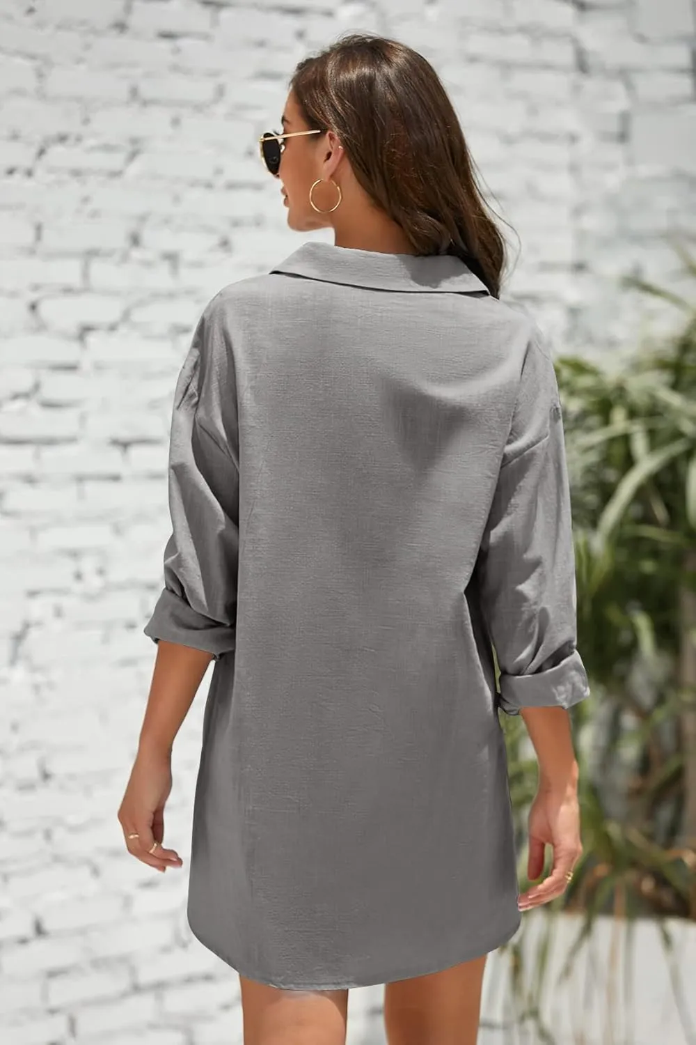 Pretifeel Womens Cotton Linen Tunic Shirts Button Down Long Sleeve Blouse Tops Beach Cover Up