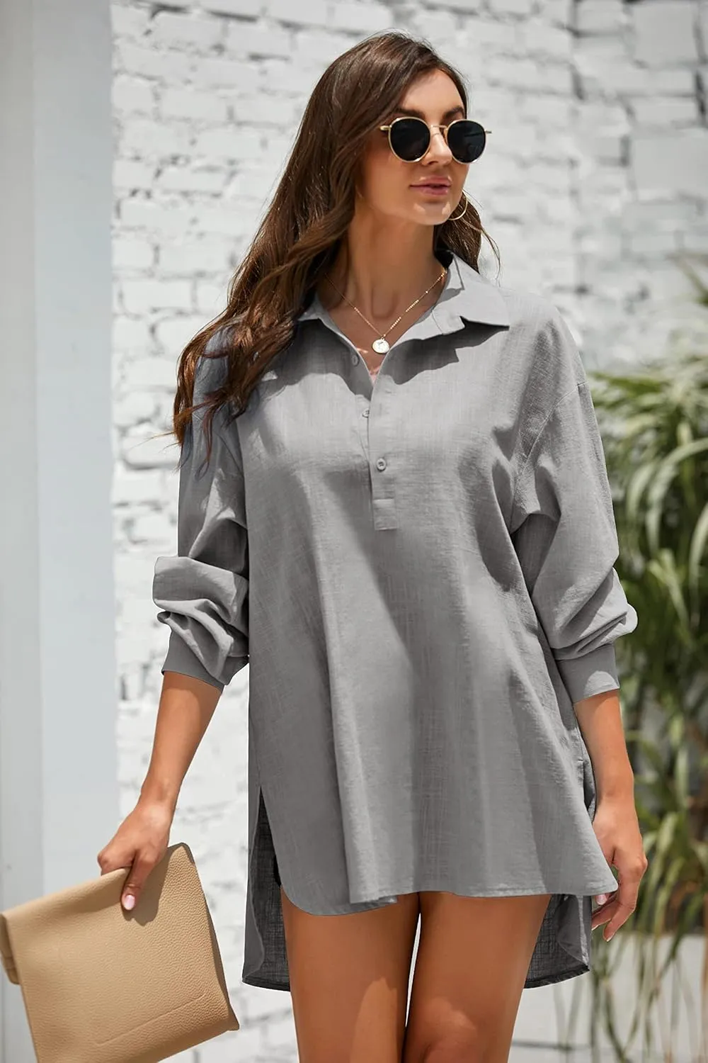 Pretifeel Womens Cotton Linen Tunic Shirts Button Down Long Sleeve Blouse Tops Beach Cover Up
