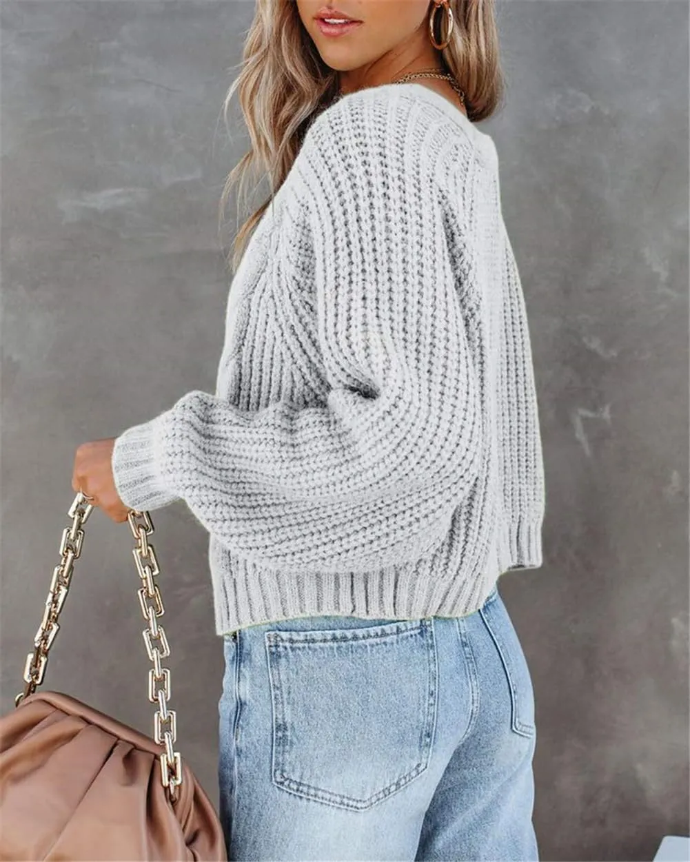 Pulcykp Womens V Neck Button Down Cropped Cardigans Sweater Chunky Cable Knit Long Sleeve Tops Outwear