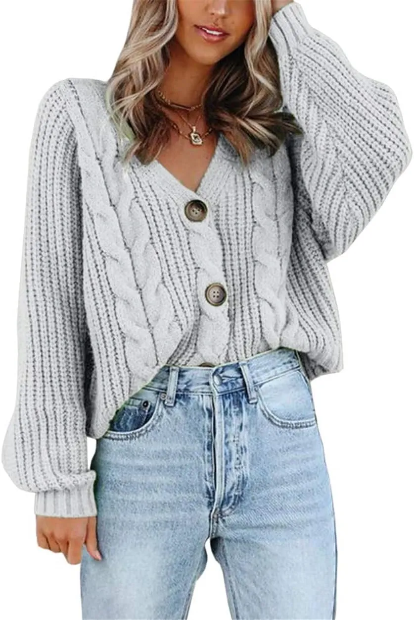 Pulcykp Womens V Neck Button Down Cropped Cardigans Sweater Chunky Cable Knit Long Sleeve Tops Outwear