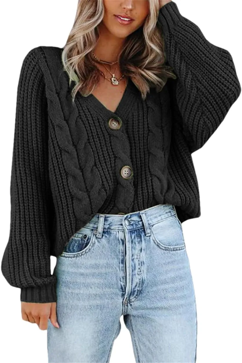Pulcykp Womens V Neck Button Down Cropped Cardigans Sweater Chunky Cable Knit Long Sleeve Tops Outwear