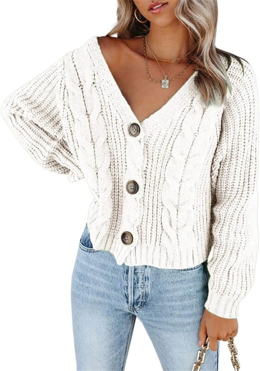 Pulcykp Womens V Neck Button Down Cropped Cardigans Sweater Chunky Cable Knit Long Sleeve Tops Outwear