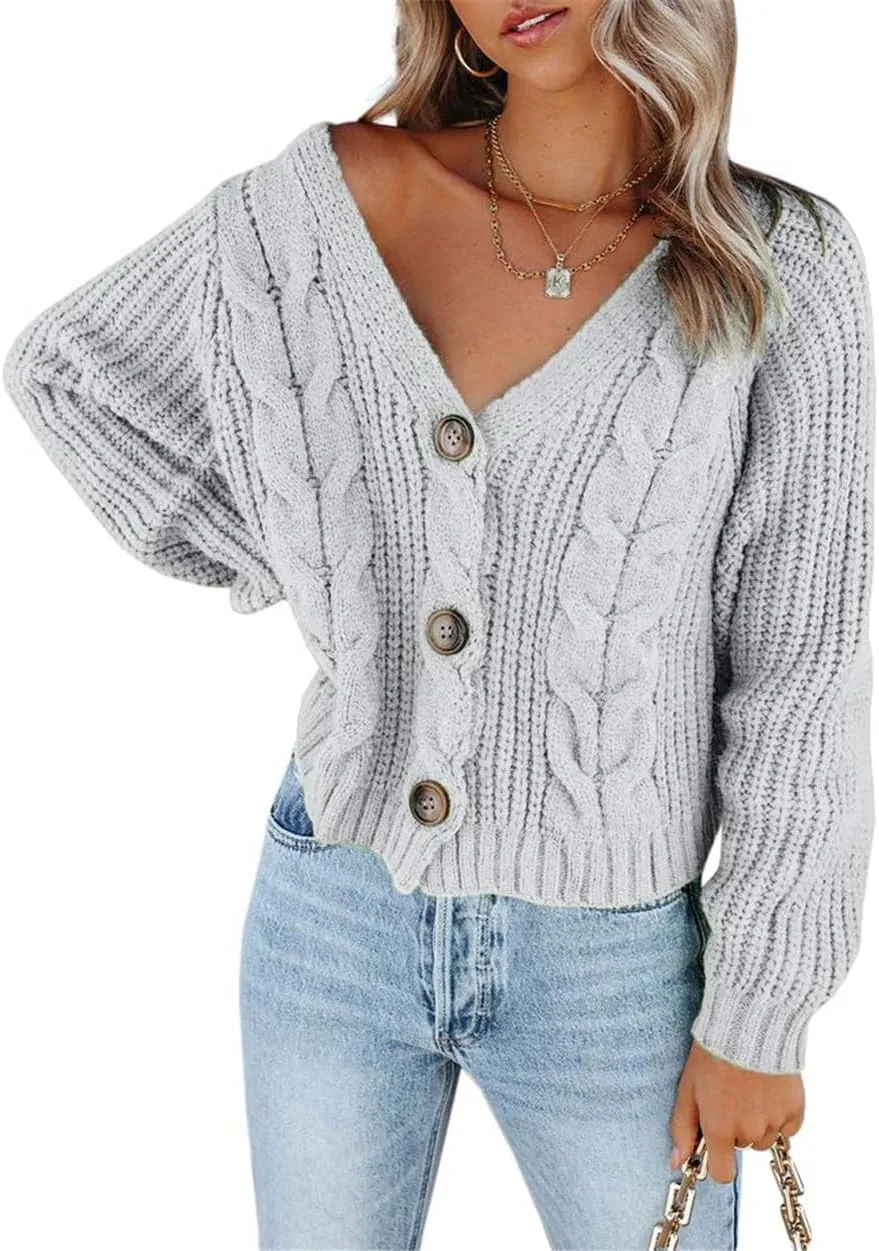 Pulcykp Womens V Neck Button Down Cropped Cardigans Sweater Chunky Cable Knit Long Sleeve Tops Outwear