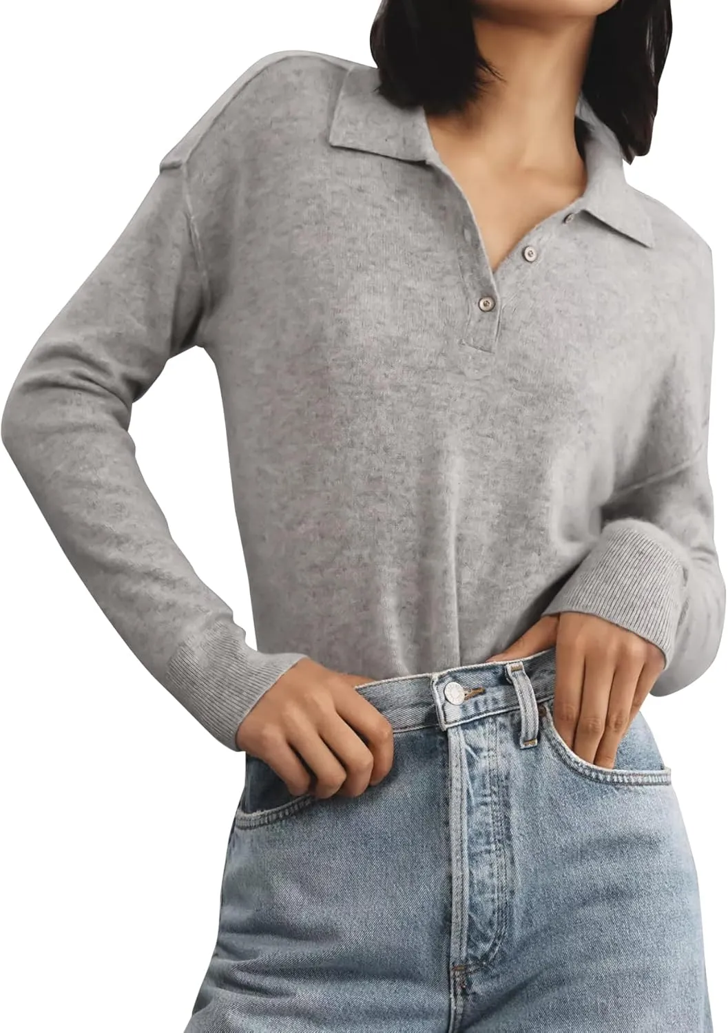 Pullover Sweater for Women Long Sleeve Knit Shirts Tops Button Down V Neck Polo Sweater Shirt