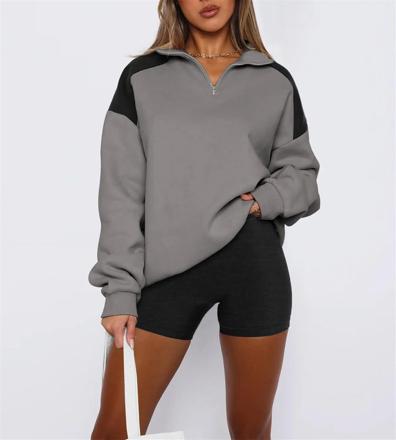 Quarter Zip Sweatshirts For Women Fashion Long Sleeve Color Block Casual Activewear Pullover Tops Cropped