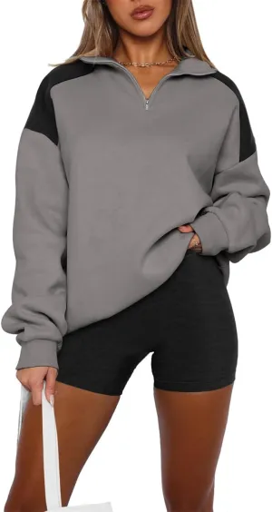 Quarter Zip Sweatshirts For Women Fashion Long Sleeve Color Block Casual Activewear Pullover Tops Cropped