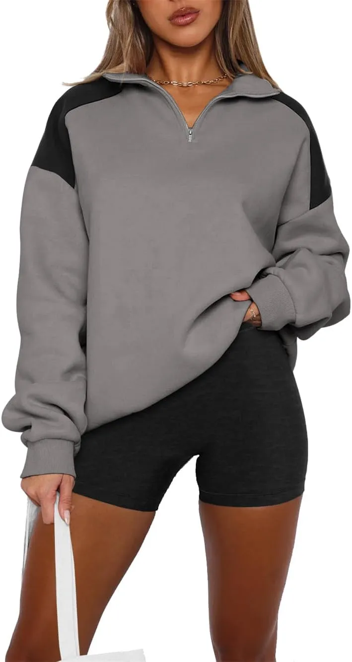 Quarter Zip Sweatshirts For Women Fashion Long Sleeve Color Block Casual Activewear Pullover Tops Cropped