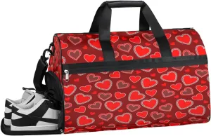 Red Love Heart Style Sports Gym Bag with Wet Pocket & Shoes Compartment Waterproof Workout Duffel Bag for Women and Men Weekender Overnight Duffle Bag Travel Carry-on Tote