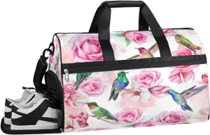 Rose Hummingbird Sports Gym Bag with Wet Pocket & Shoes Compartment Waterproof Workout Duffel Bag for Women and Men Weekender Overnight Duffle Bag Travel Carry-on Tote