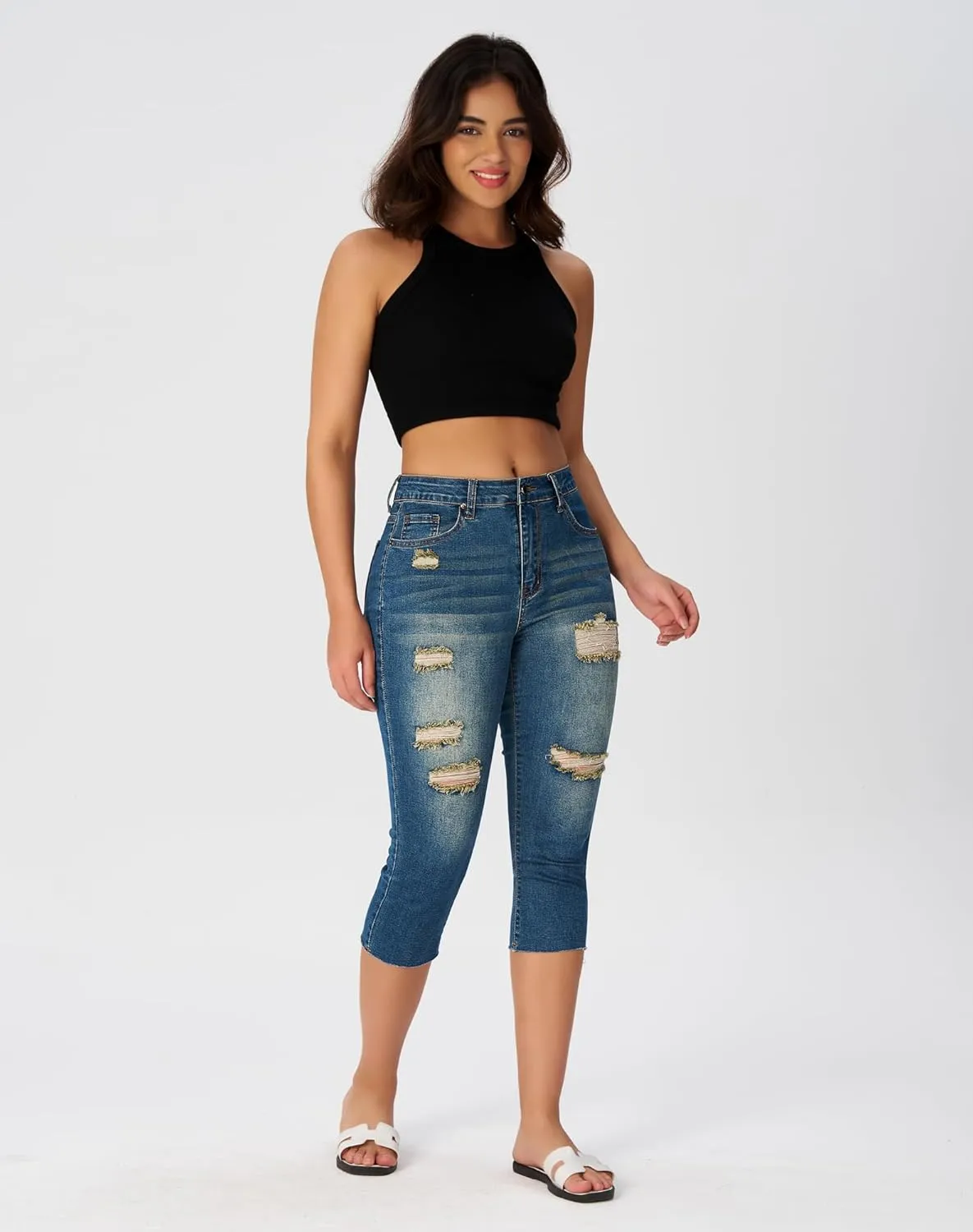 roswear Women's Capri Jeans Ripped Stretch Denim Capris Mid Rise Skinny Cropped Pants