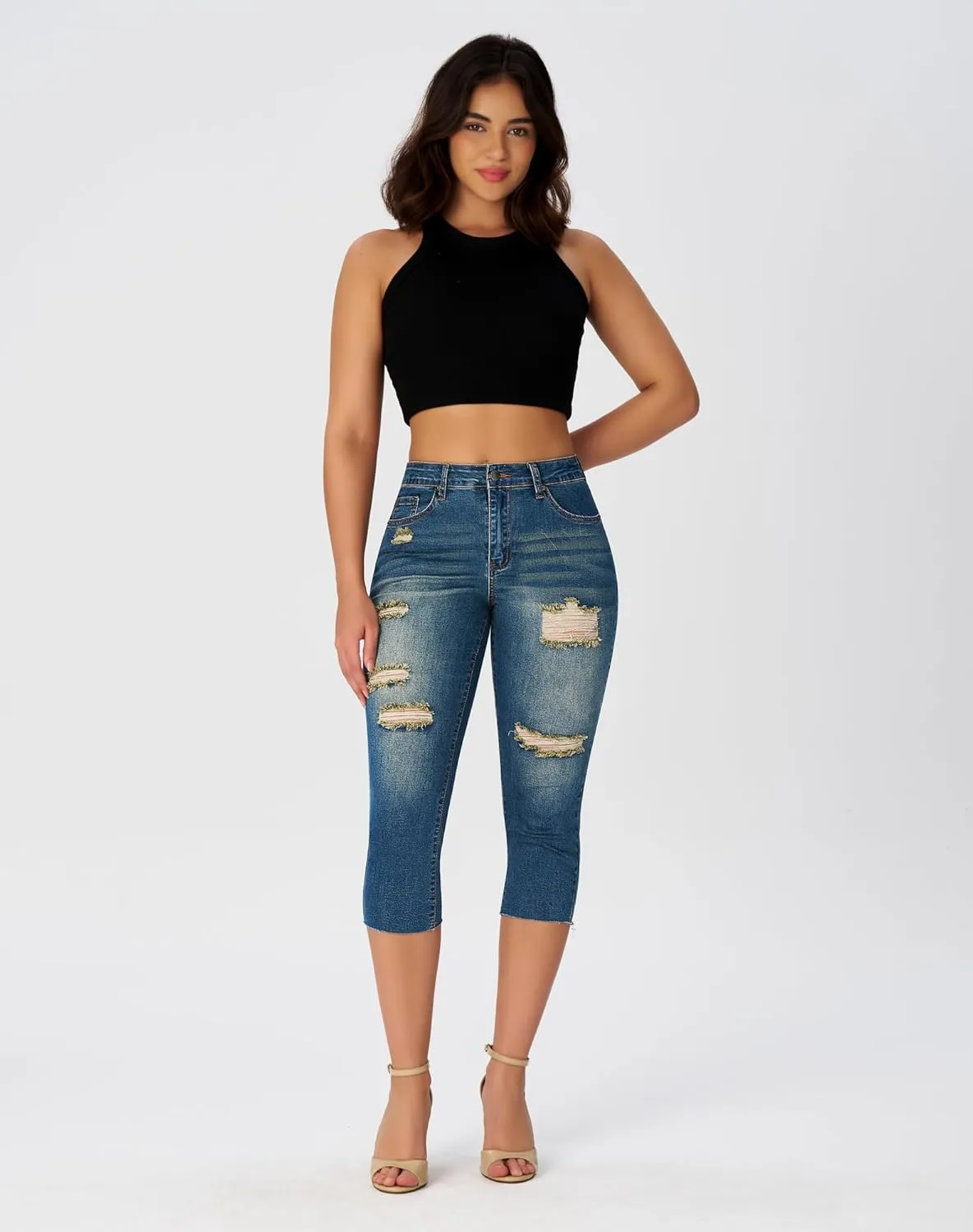 roswear Women's Capri Jeans Ripped Stretch Denim Capris Mid Rise Skinny Cropped Pants