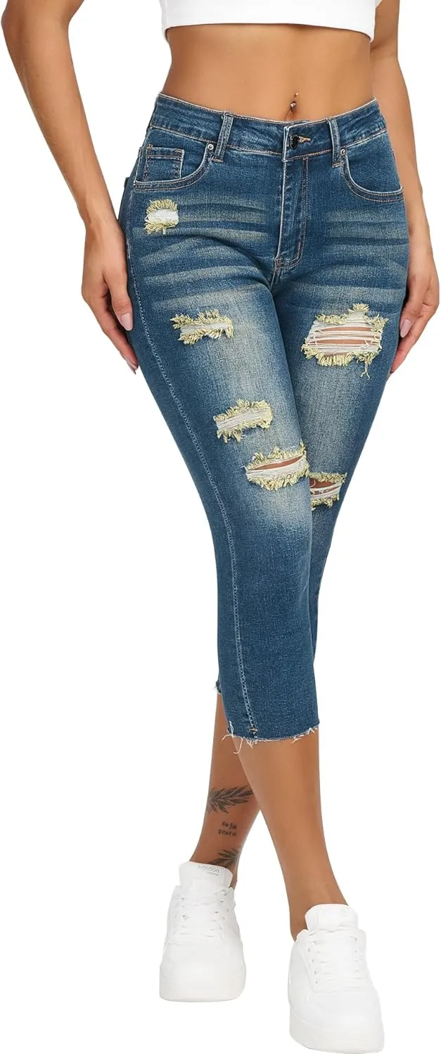 roswear Women's Capri Jeans Ripped Stretch Denim Capris Mid Rise Skinny Cropped Pants