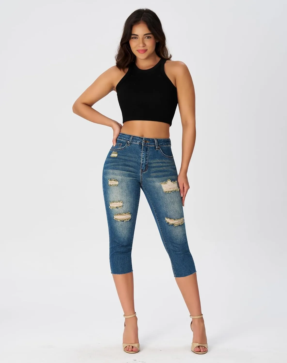 roswear Women's Capri Jeans Ripped Stretch Denim Capris Mid Rise Skinny Cropped Pants