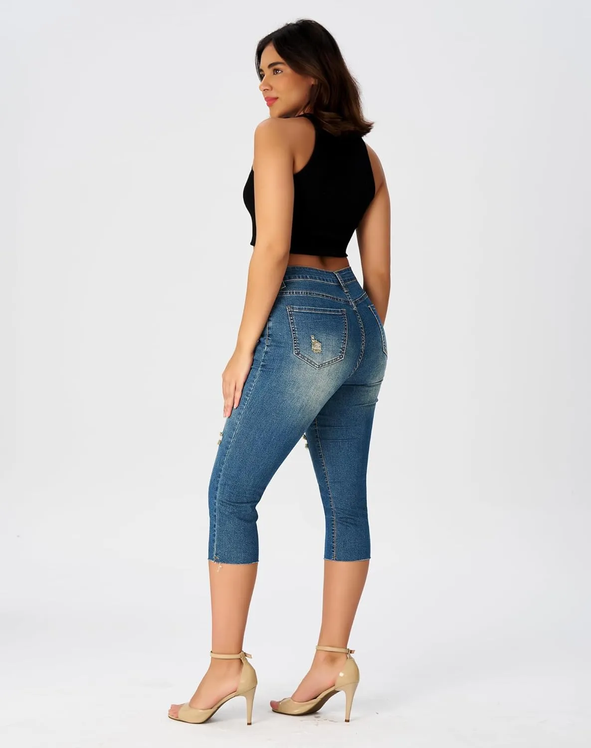 roswear Women's Capri Jeans Ripped Stretch Denim Capris Mid Rise Skinny Cropped Pants