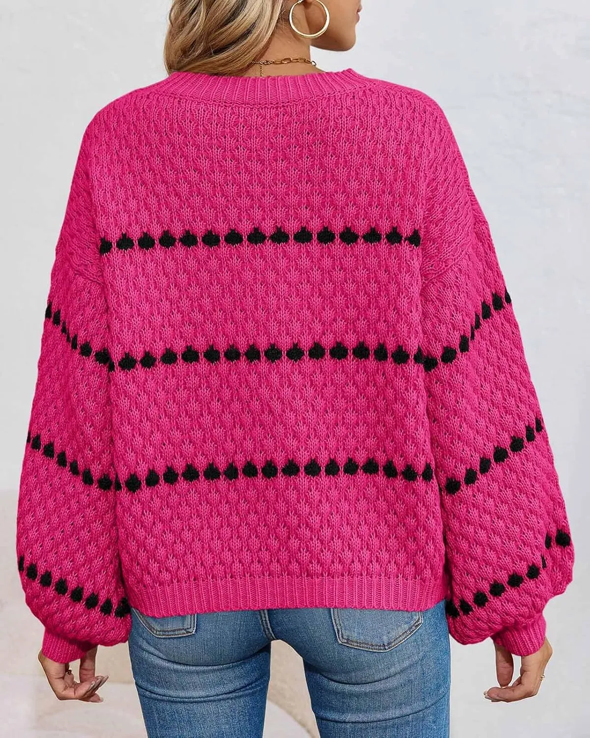 Saodimallsu Womens Oversized Sweaters Striped Long Lantern Sleeve Crew Neck Fall Trendy Knit Pullover Sweater