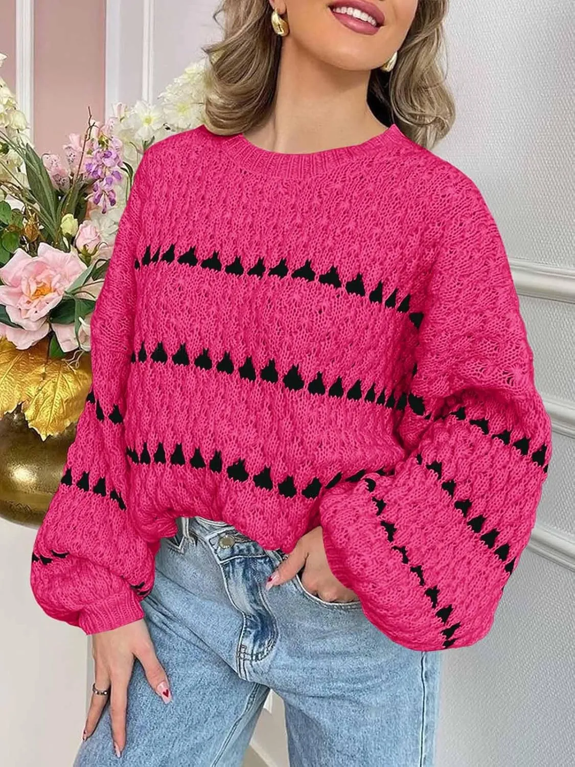 Saodimallsu Womens Oversized Sweaters Striped Long Lantern Sleeve Crew Neck Fall Trendy Knit Pullover Sweater