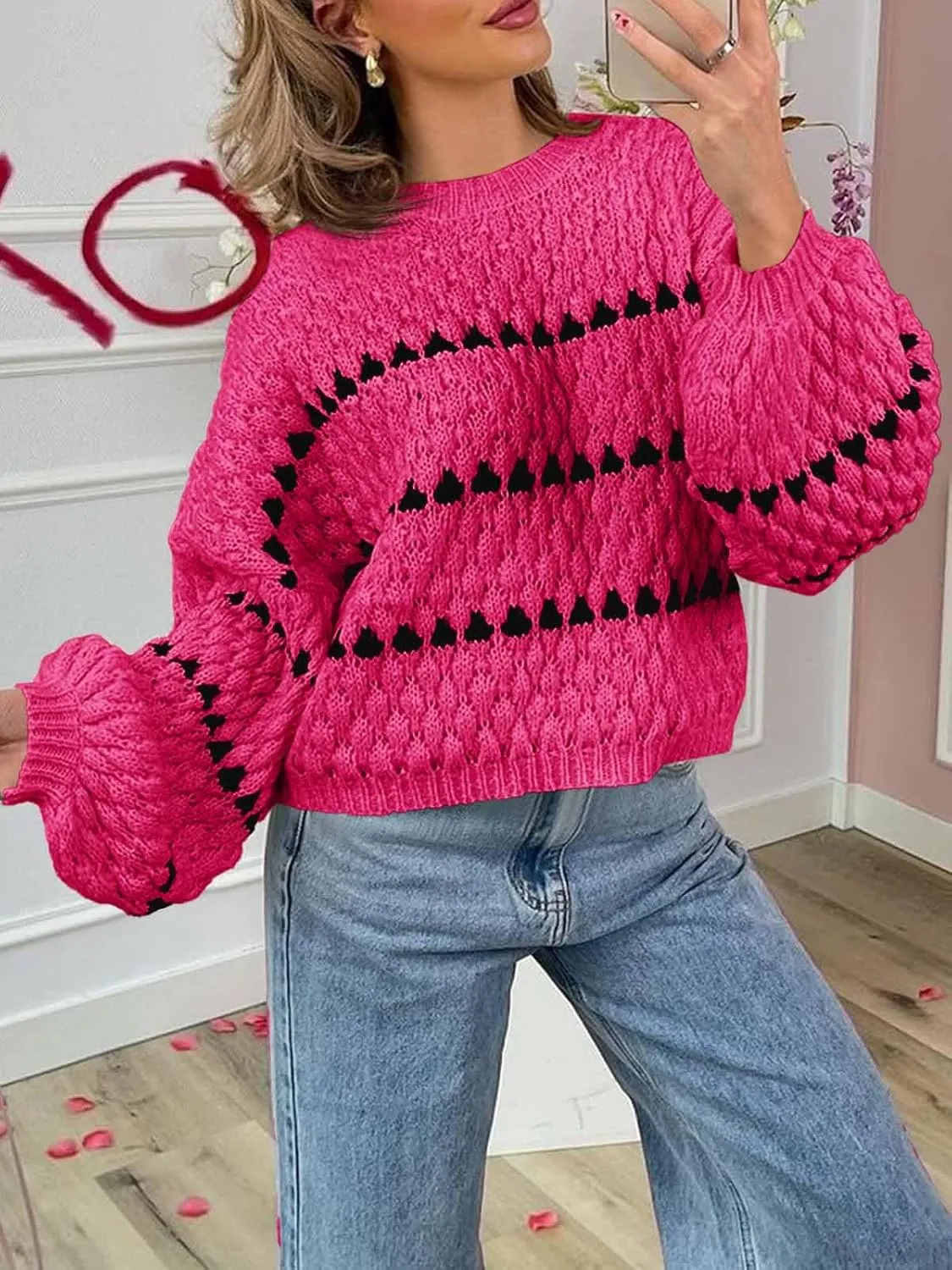 Saodimallsu Womens Oversized Sweaters Striped Long Lantern Sleeve Crew Neck Fall Trendy Knit Pullover Sweater