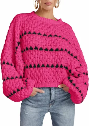 Saodimallsu Womens Oversized Sweaters Striped Long Lantern Sleeve Crew Neck Fall Trendy Knit Pullover Sweater