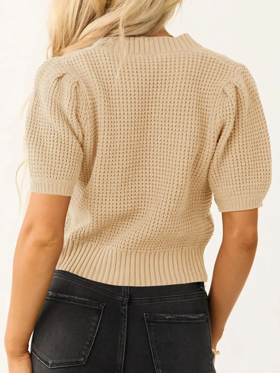 Saodimallsu Womens Puff Short Sleeve Sweater Top Waffle Knit V Neck Spring Summer Cropped Trendy Cute Shirts Blouses