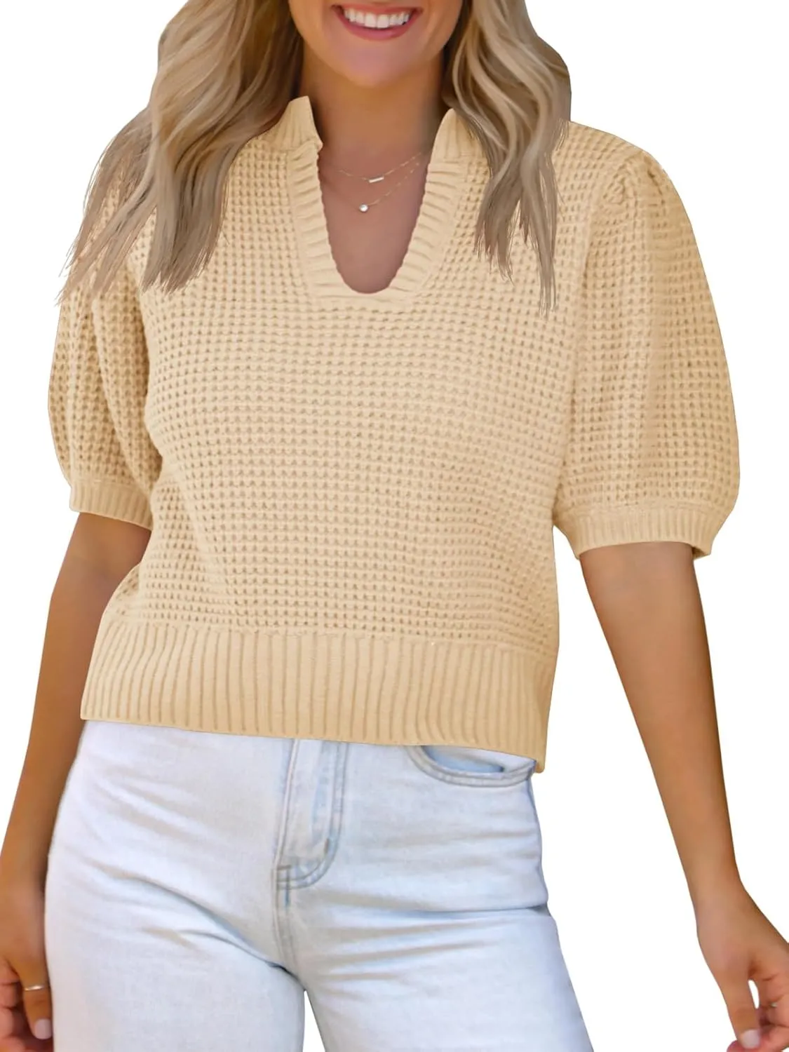 Saodimallsu Womens Puff Short Sleeve Sweater Top Waffle Knit V Neck Spring Summer Cropped Trendy Cute Shirts Blouses