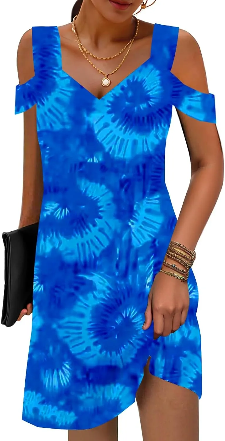 SAUKOLE Womens Sexy Cold Shoulder Dresses Summer Casual Dress Loose Fit Knee Length Dress