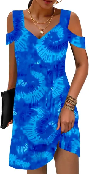 SAUKOLE Womens Sexy Cold Shoulder Dresses Summer Casual Dress Loose Fit Knee Length Dress