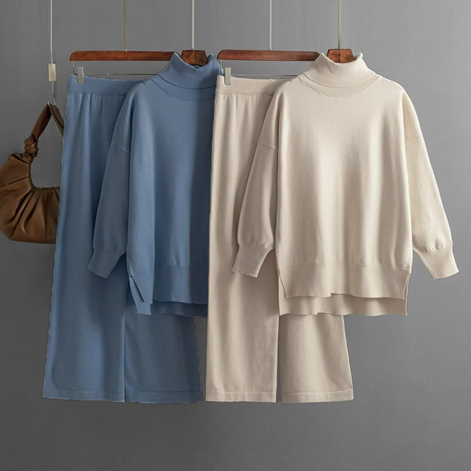 sdbrld Lounge Sets for Women 2 Piece,Womens Matching Lounge Set Long Sleeve High Neck Knit Sweater Wide Leg Pants Set Outfits
