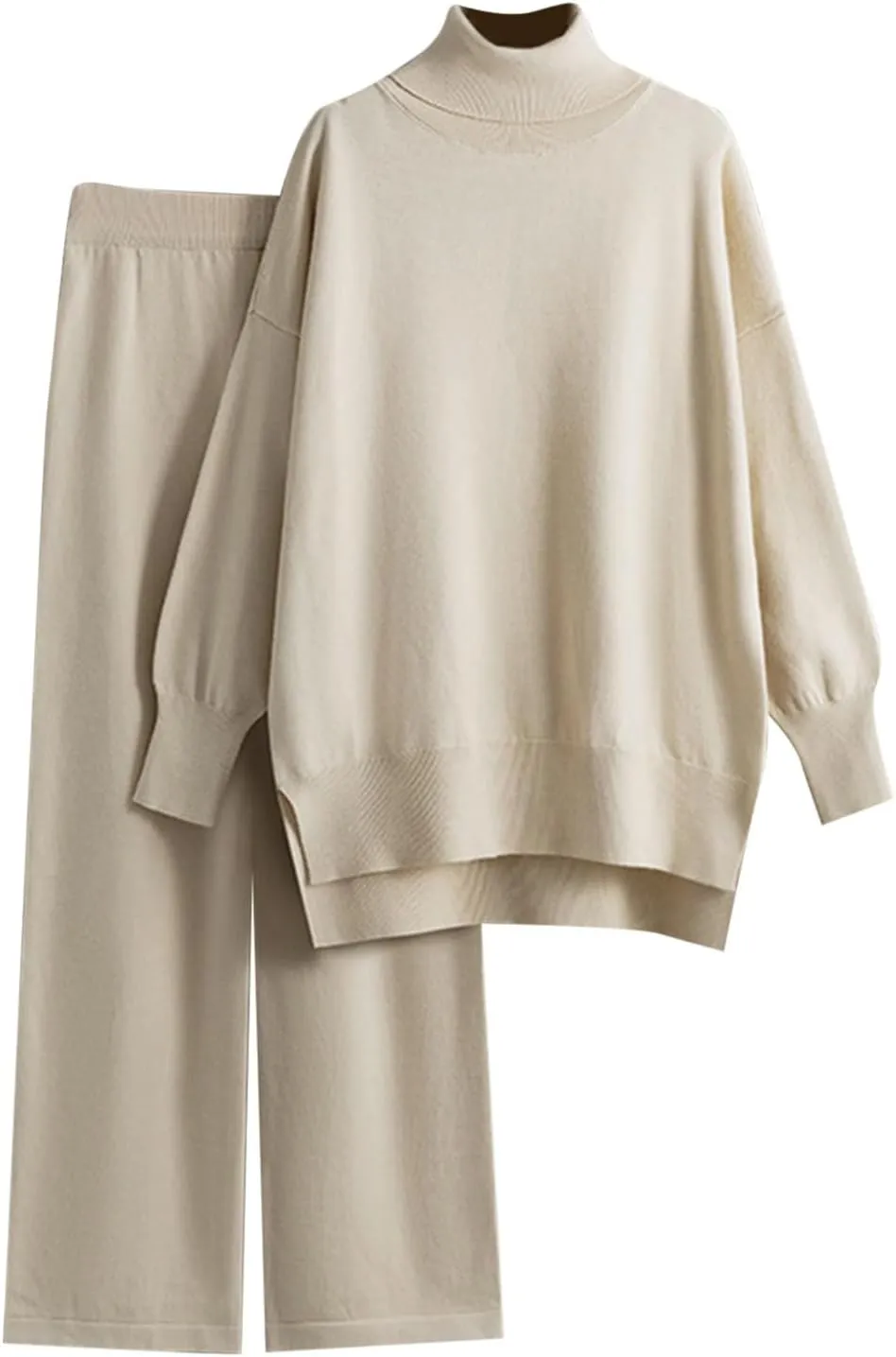 sdbrld Lounge Sets for Women 2 Piece,Womens Matching Lounge Set Long Sleeve High Neck Knit Sweater Wide Leg Pants Set Outfits