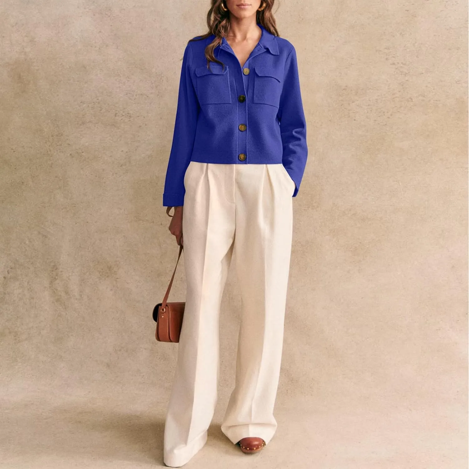 Senllen Women Cropped Cardigan Sweaters 2025 Casual Trendy Collared Button Down Open Front Long Sleeve Knit Shackets Jackets