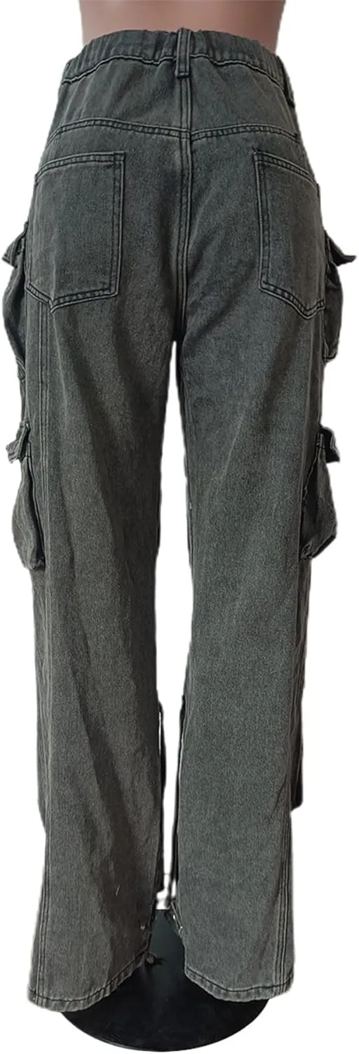 Sexyshine Women's High Waist Cargo Jeans Pants Y2K Baggy Loose Distressed Ripped Long Denim Pants with Multi Pockets