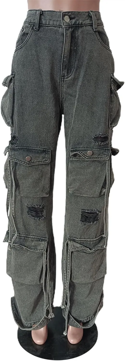 Sexyshine Women's High Waist Cargo Jeans Pants Y2K Baggy Loose Distressed Ripped Long Denim Pants with Multi Pockets