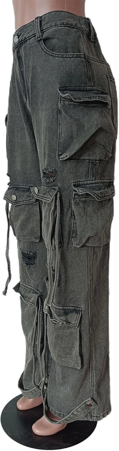 Sexyshine Women's High Waist Cargo Jeans Pants Y2K Baggy Loose Distressed Ripped Long Denim Pants with Multi Pockets