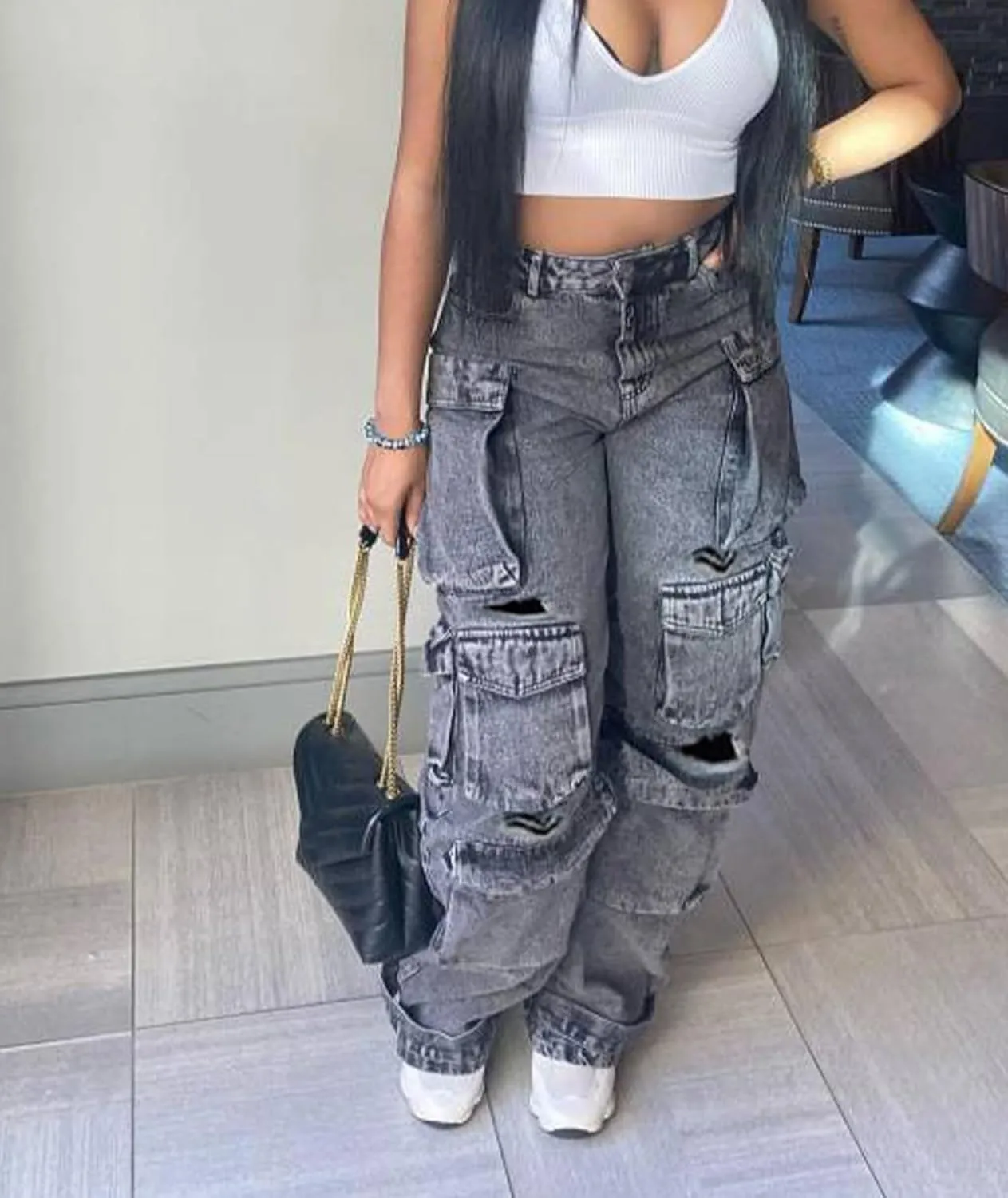 Sexyshine Women's High Waist Cargo Jeans Pants Y2K Baggy Loose Distressed Ripped Long Denim Pants with Multi Pockets