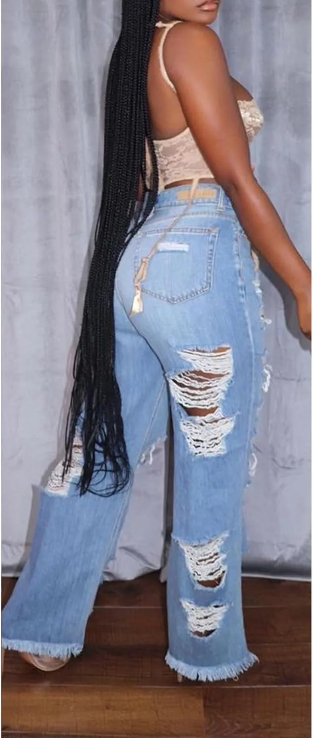 Sexyshine Women's High Waist Straight Leg Ripped Jeans Baggy Loose Distressed Cutout Raw Hem Long Denim Pants