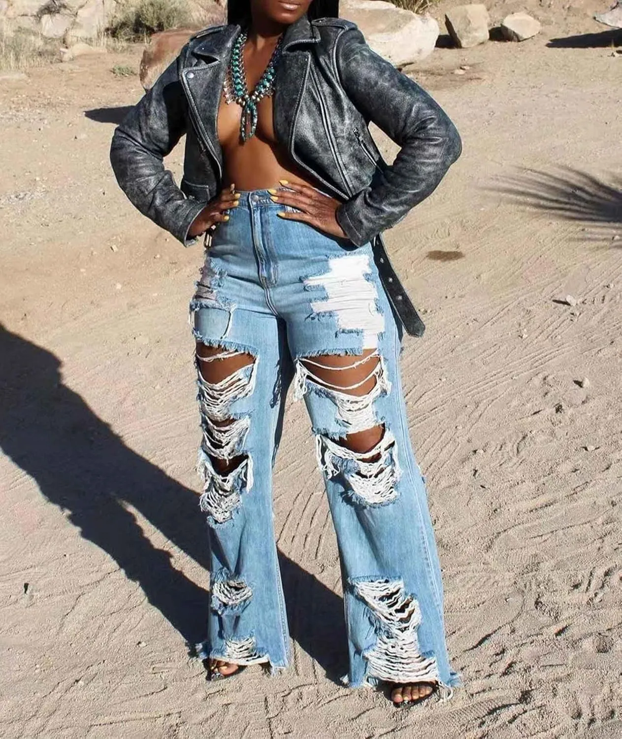 Sexyshine Women's High Waist Straight Leg Ripped Jeans Baggy Loose Distressed Cutout Raw Hem Long Denim Pants