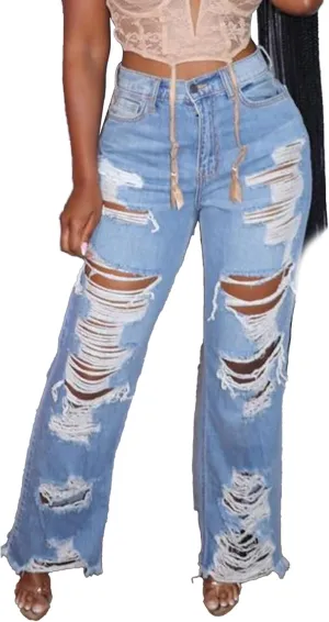 Sexyshine Women's High Waist Straight Leg Ripped Jeans Baggy Loose Distressed Cutout Raw Hem Long Denim Pants