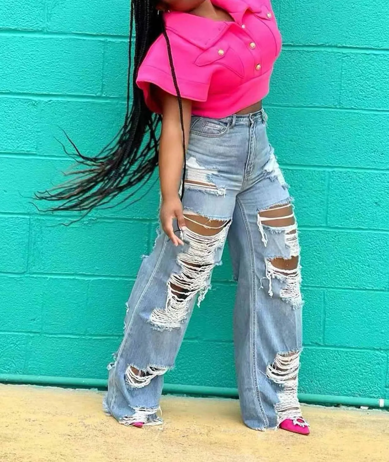 Sexyshine Women's High Waist Straight Leg Ripped Jeans Baggy Loose Distressed Cutout Raw Hem Long Denim Pants