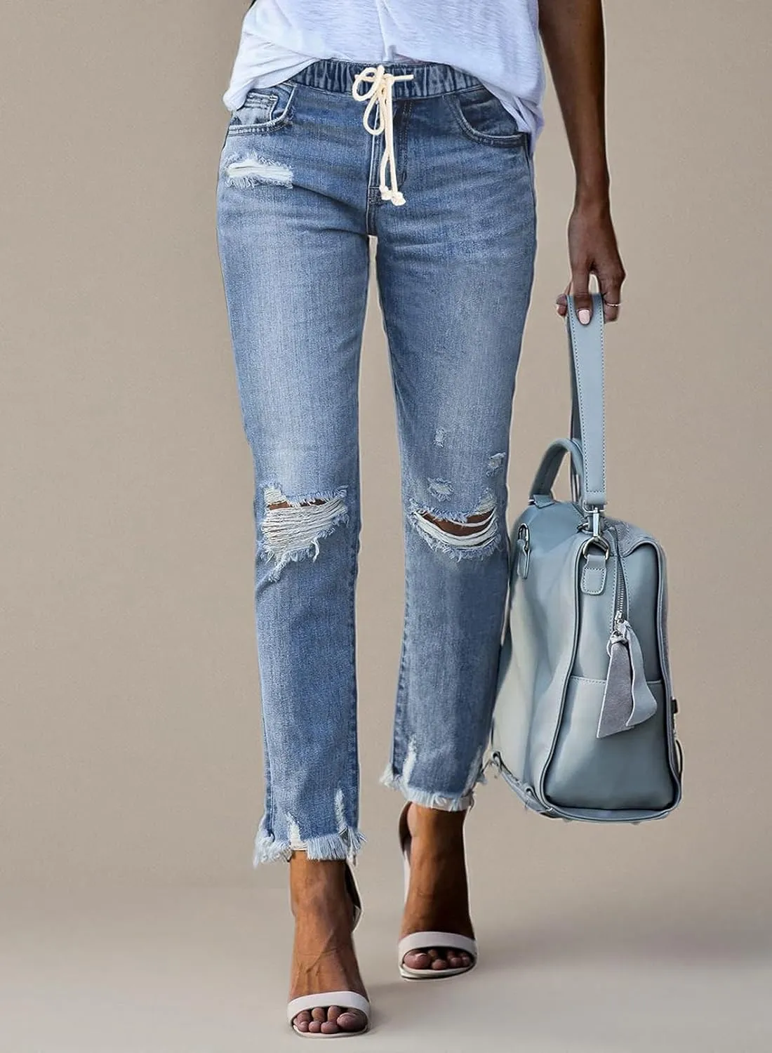 Sidefeel Womens Cargo Jeans High Waisted Ripped Denim Joggers Elastic Drawstring Waist Pants Pull On Trousers