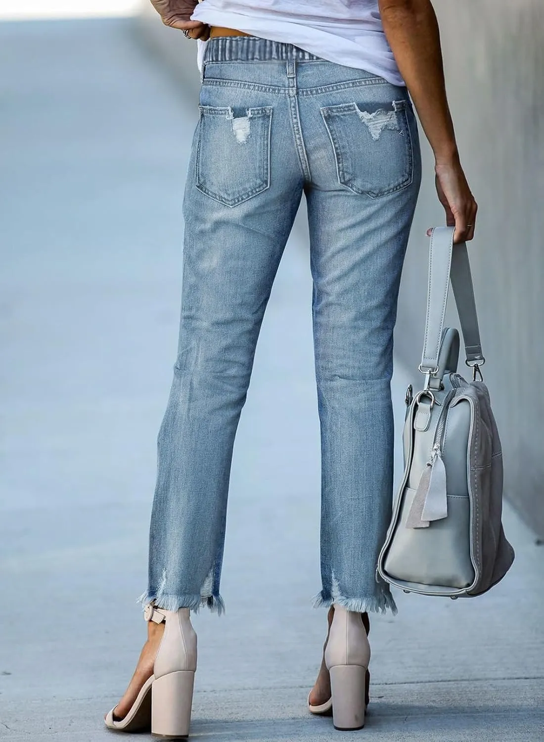 Sidefeel Womens Cargo Jeans High Waisted Ripped Denim Joggers Elastic Drawstring Waist Pants Pull On Trousers